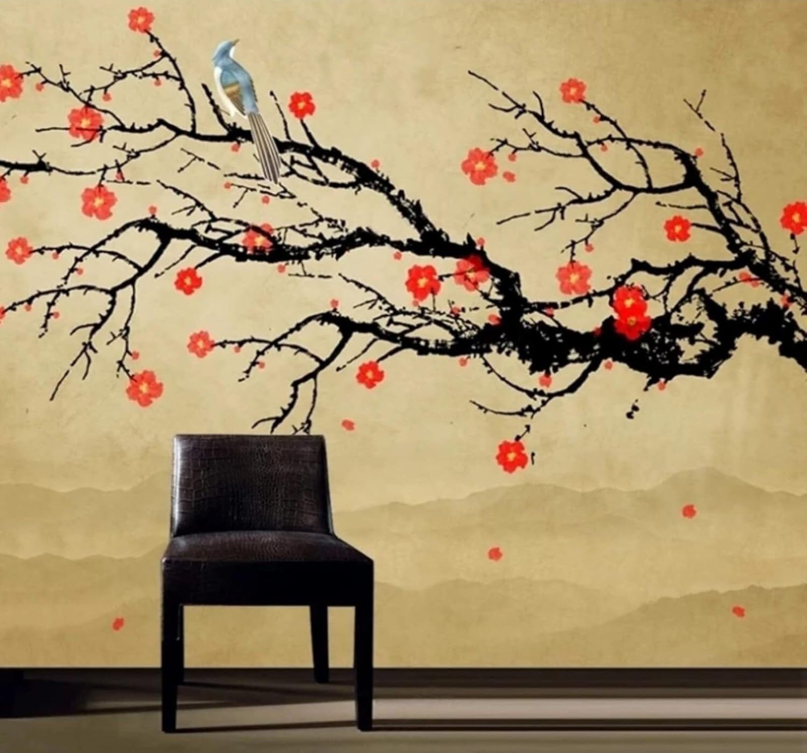 XLMING Retro Ink Landscape Plum Blossoms Birds 3D Wallpaper Luxury Silk Study Dining Feature Sofa Grey Bedroom Living Room Tv Decorative Wall-250cm×170cm