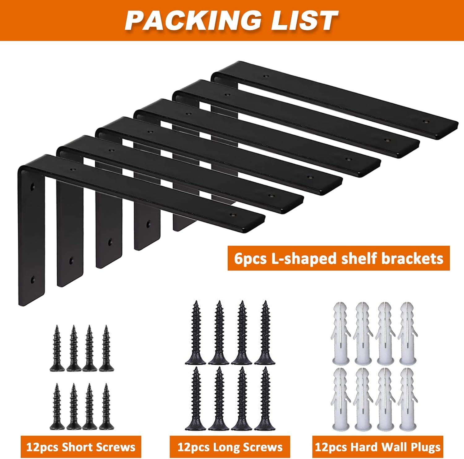 MLOQI Shelf Bracket Heavy Duty Shelf Brackets, 5mm Thick Premium Iron L Brackets for Shelves, Black Iron Metal Shelf Brackets with Hardware 6 Pack (6" x 4")