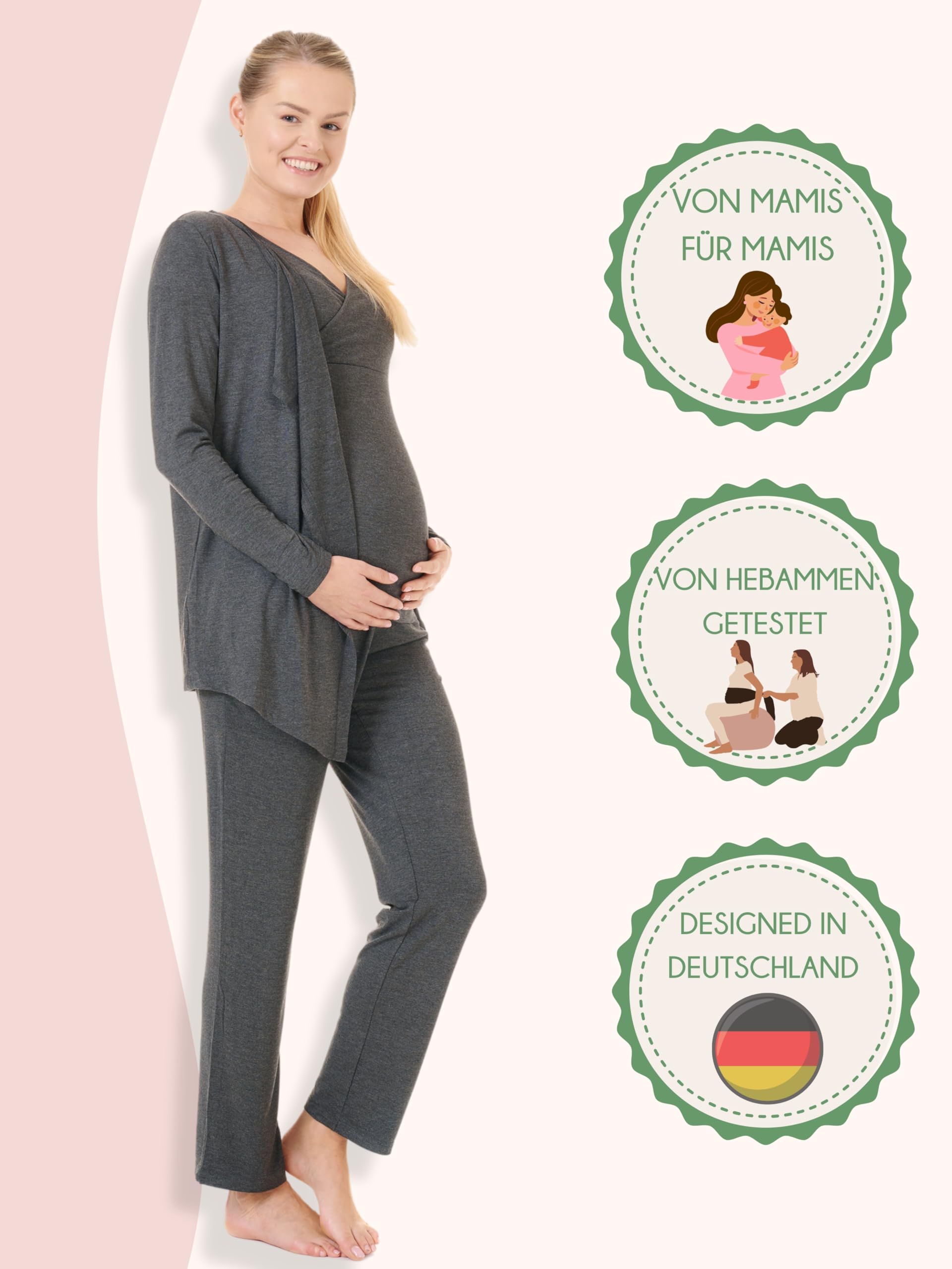 Herzmutter Stillpyjama-Set - 3-teilig - Umstands-Pyjama für Damen - Schwangerschafts-Wochenbett-Set - Hose-Top-Cardigan - 8100