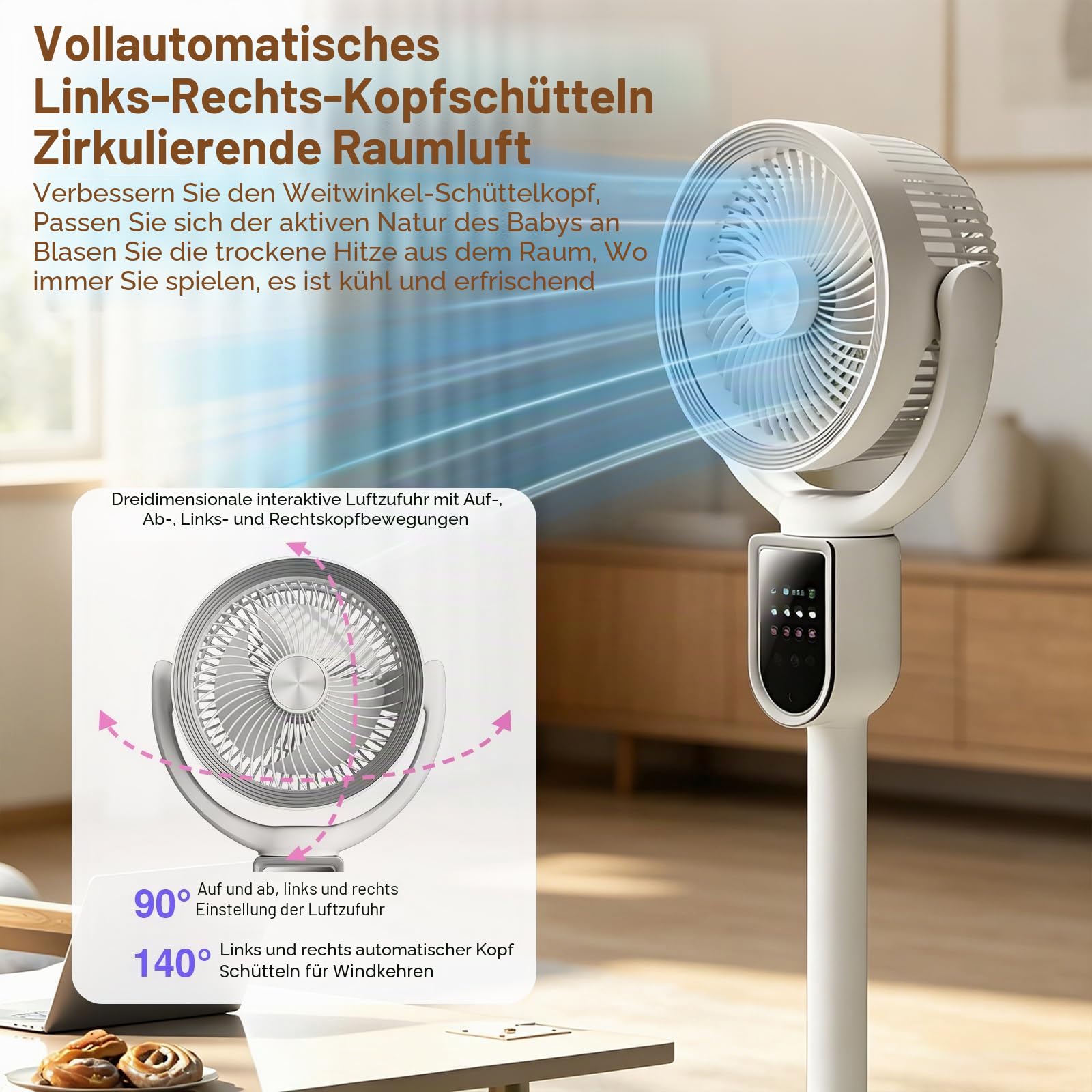 WIWOLER Standventilator Sehr Leise, Ventilator mit Fernbedienung | 3-in-1 Höhenverstellbar, 140° Oszillation, 4 Stufen, 9H Timer, USB & Akku, für Schlafzimmer und Büro