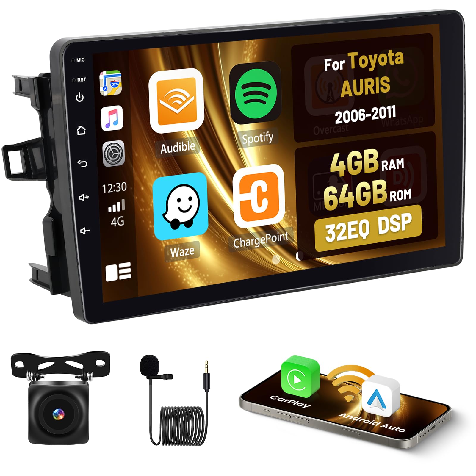 Roinvou 4+64G Autoradio Android 15 für Toyota AURIS 2006-2011 Wireless Carplay Android Auto, Touch Screen Radio 10.1 Zoll Bildschirm WiFi GPS Bluetooth 32EQ FM/RDS SWC Rückfahrkamera