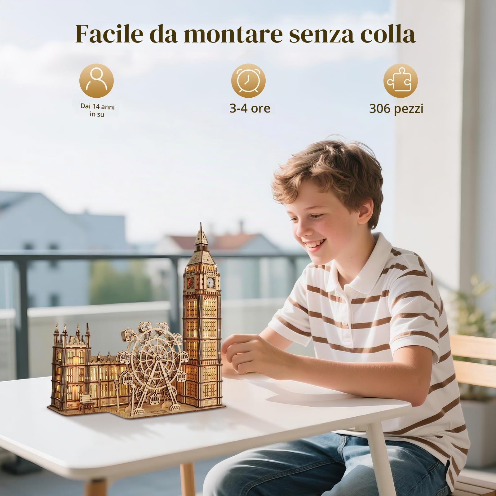 Puzzle 3D in legno Big Ben con orologio funzionante - Kit modello da 306 pezzi per adulti - Non richiede colla - Fai da te con ruota panoramica mobile - Decorazione per ufficio e soggiorno