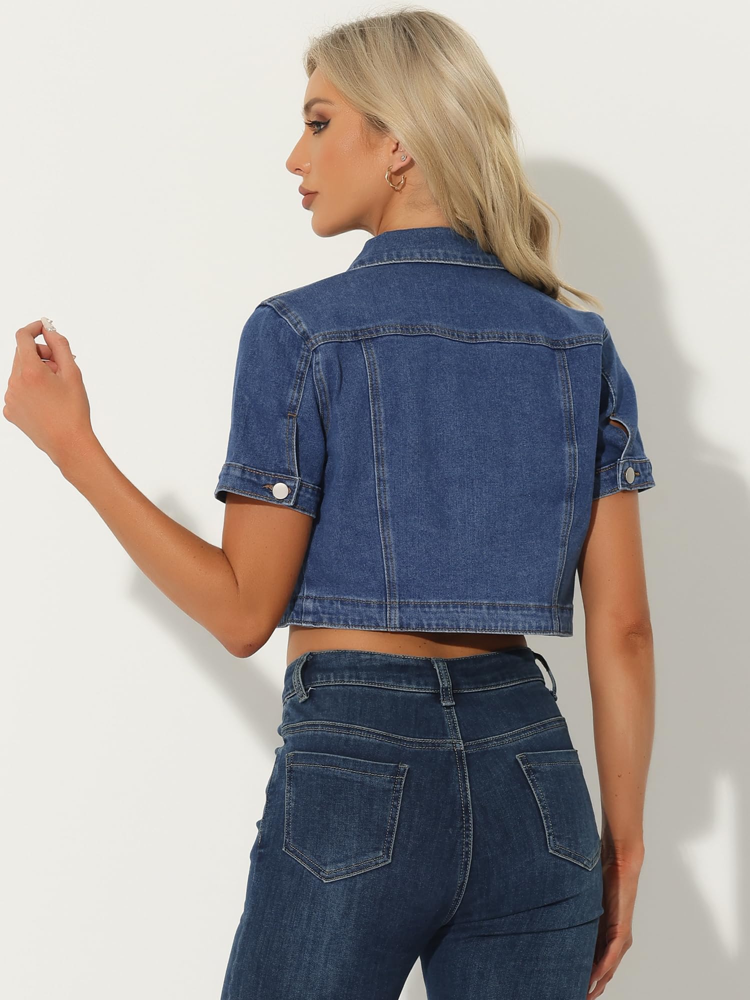 Allegra K Lässige Jeansjacke für Damen, Umlegekragen, kurze Ärmel, bauchfreie Jeansjacken