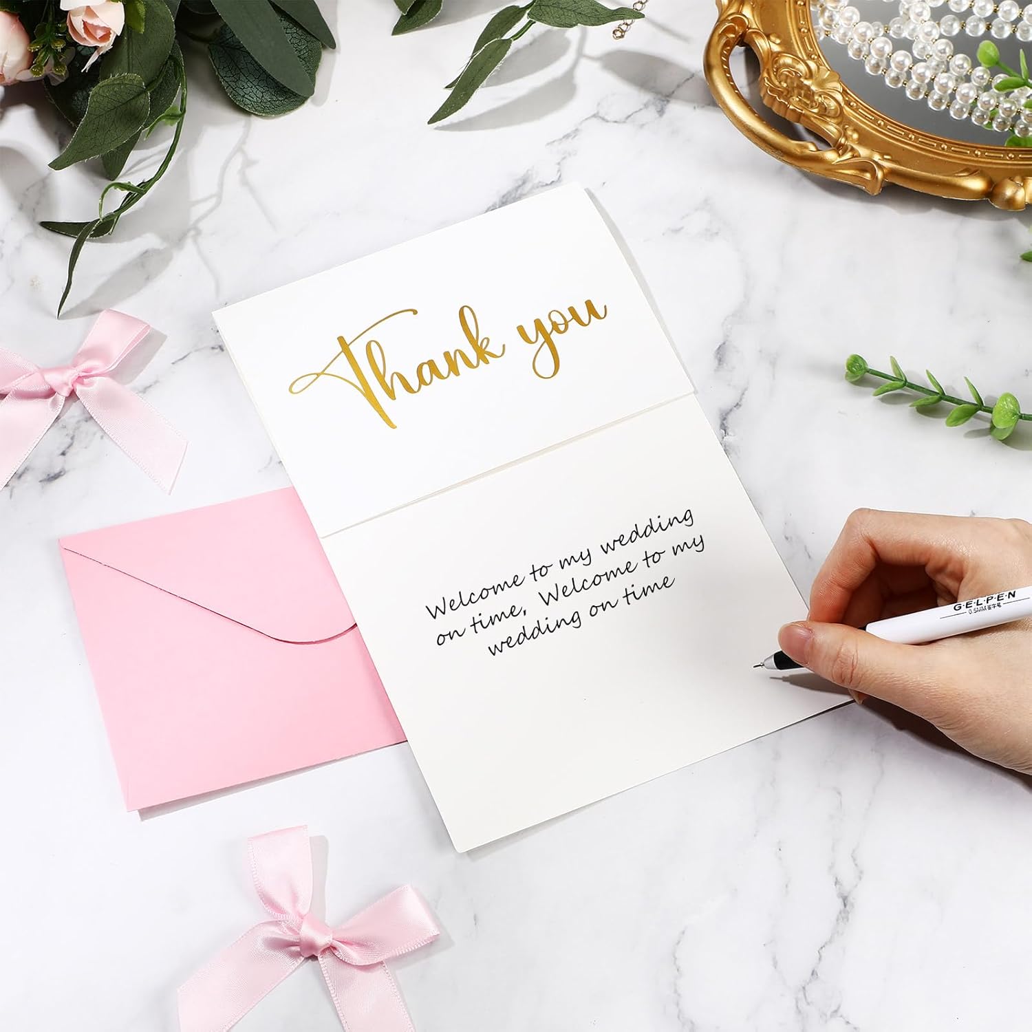 Motiskyy 100 Pcs Pink Thank You Cards with Envelopes 4 x 6 Inch Thank You Cards Bulk with Bow Gold Foil Blank Notes for Valentine Day Wedding Festival Bridal Baby Shower Business Birthday Party