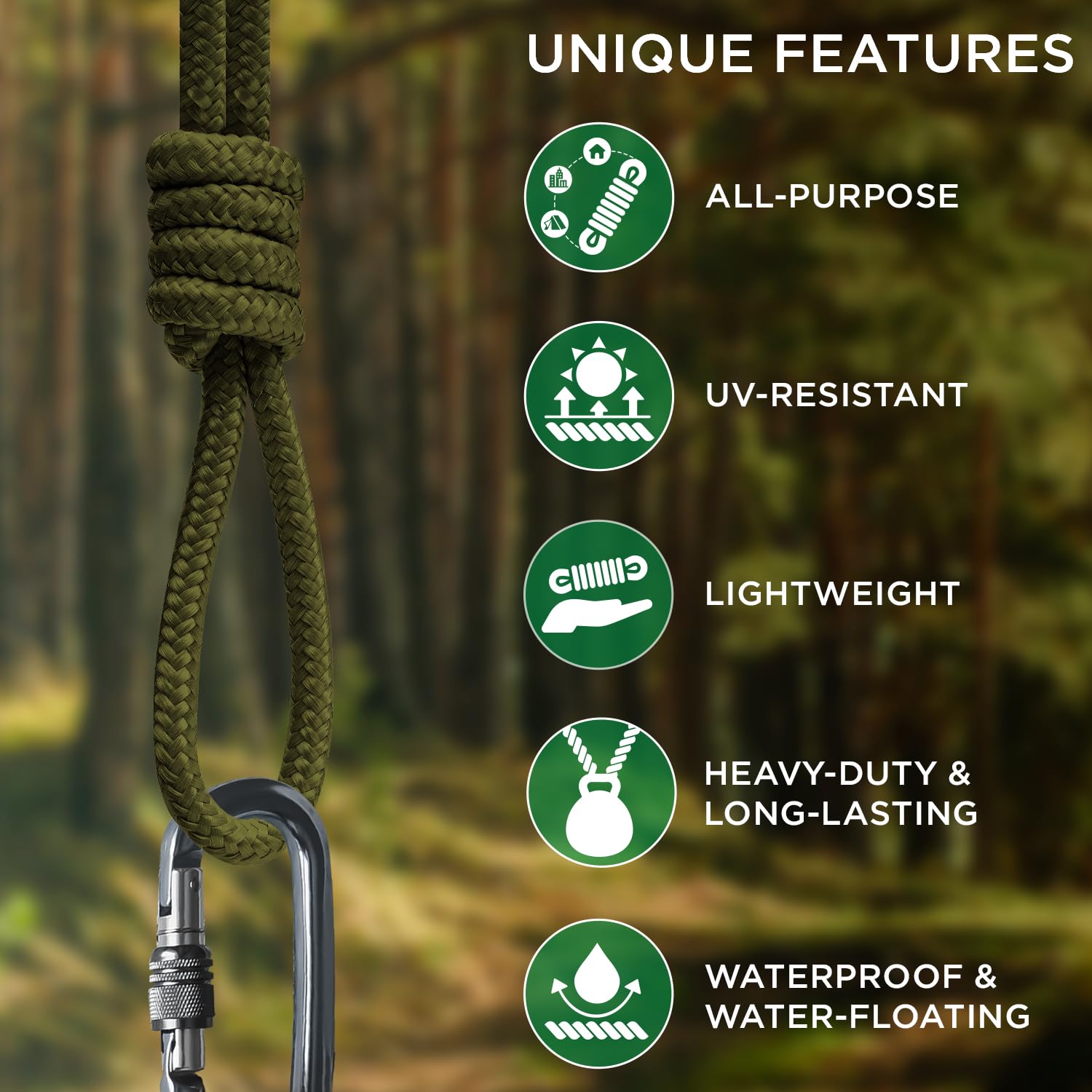 TECEUM Rope – 90 Feet x 1/4 Inch (7mm) – Army Green – Strong All-Purpose Utility Rope – Camping, Crafting, Flag Pole, Indoor & Outdoor – Polypropylene Nylon Poly Lightweight Diamond Braided Cord - 5