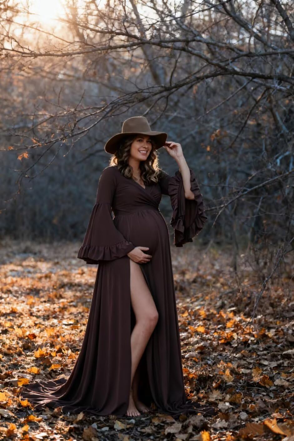Tianzhihe Satin Maternity Dresses Bell Sleeve Baby Shower Dress for Photoshoot A Line V Neck Pregnancy Gowns with Slit