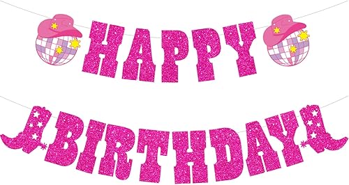 Decoraciones de feliz cumpleaños de vaquera occidental, bota con purpurina y sombrero de vaquera, guirnalda de bolas de discoteca para fiesta de