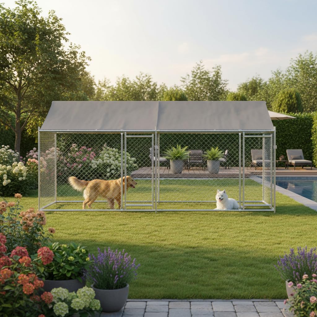 Hundezwinger mit Dach und Türen Grau 4x2x2 m, UV- & Wasserdicht Hundehütte Outdoor Hundehaus für große Hunde Garten, Verzinkter Stahl