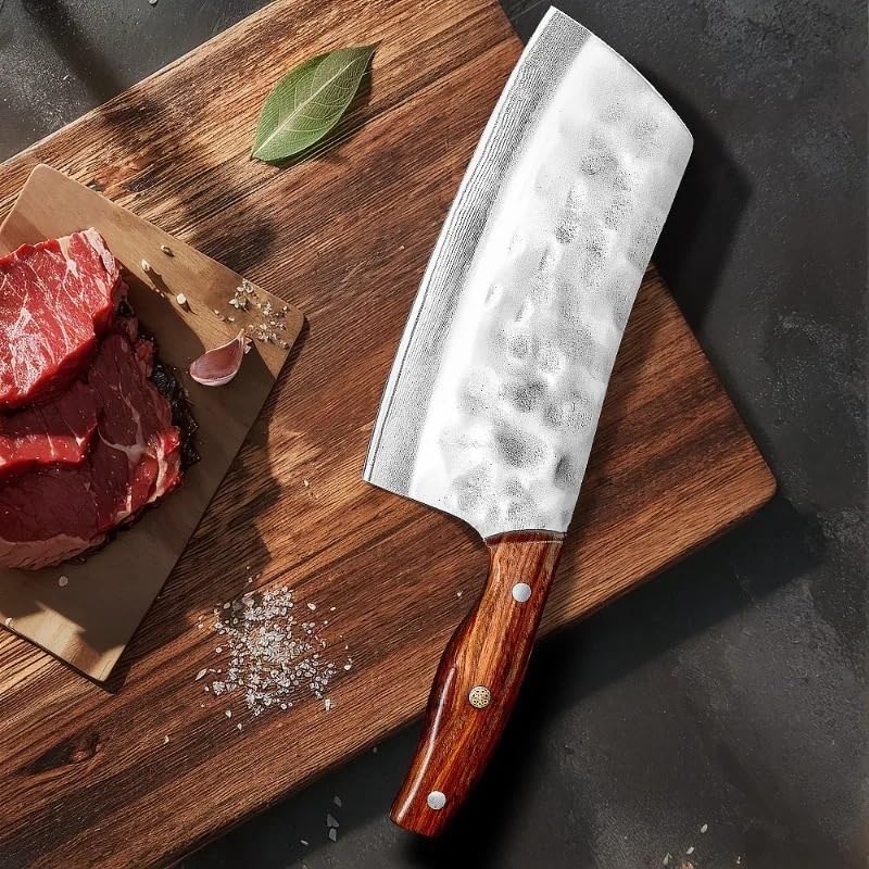 Meat Cleaver Knife, Forged Kitchen Chef Knife 9Cr18Mov Stainless Steel Meat Vegetables Slicing Knife Wide Blade Professional Butcher Cleaver Knife(2PCS)