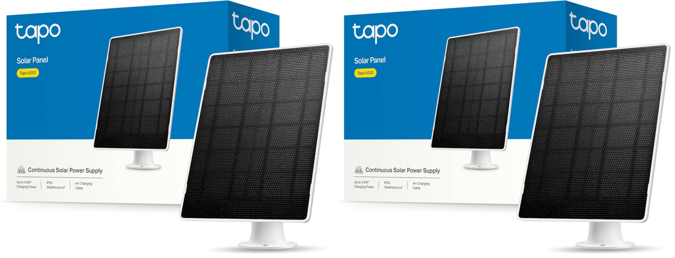 Tapo A202 - Panel Solar para cámaras Tapo (4,5 W, IP65, ángulo Ajustable, Cable 4 m) – Fuente de energía Continua para cámaras con batería (Paquete de 2)