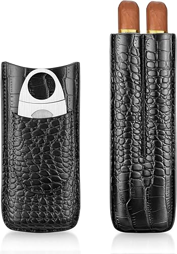 Miniatura 9 de Estuche de cigarros de cuero de 2 dedos con cortador de madera de cedro forrado humidor de cigarros portátil de viaje (marrón) Marrón 2,Negro