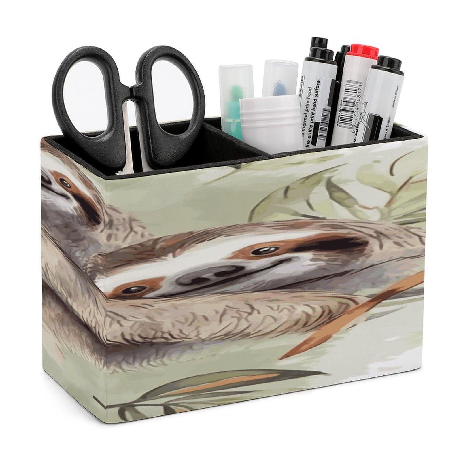 VstaDank Watercolor Sloth Pencil Holder for Desk(Double Slots) Fashion Leather Pencil Cup Simple Rectangular Shape Pen Holder Multi-Functional Pen Cup for Home Office Supplies Storage