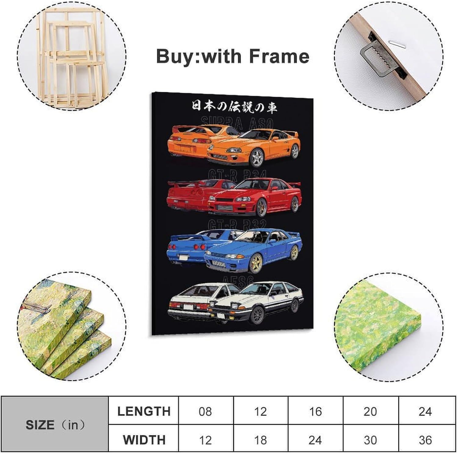LINWDSB Japanese Legendary JDM Sports Cars Poster - Retro Anime Wall Art (Supra A80, Skyline GT-R R34R32, AE86) - Classic Japanese Car Decor for Garage Man Cave Frame-style-2 16x24inch(40x60cm)