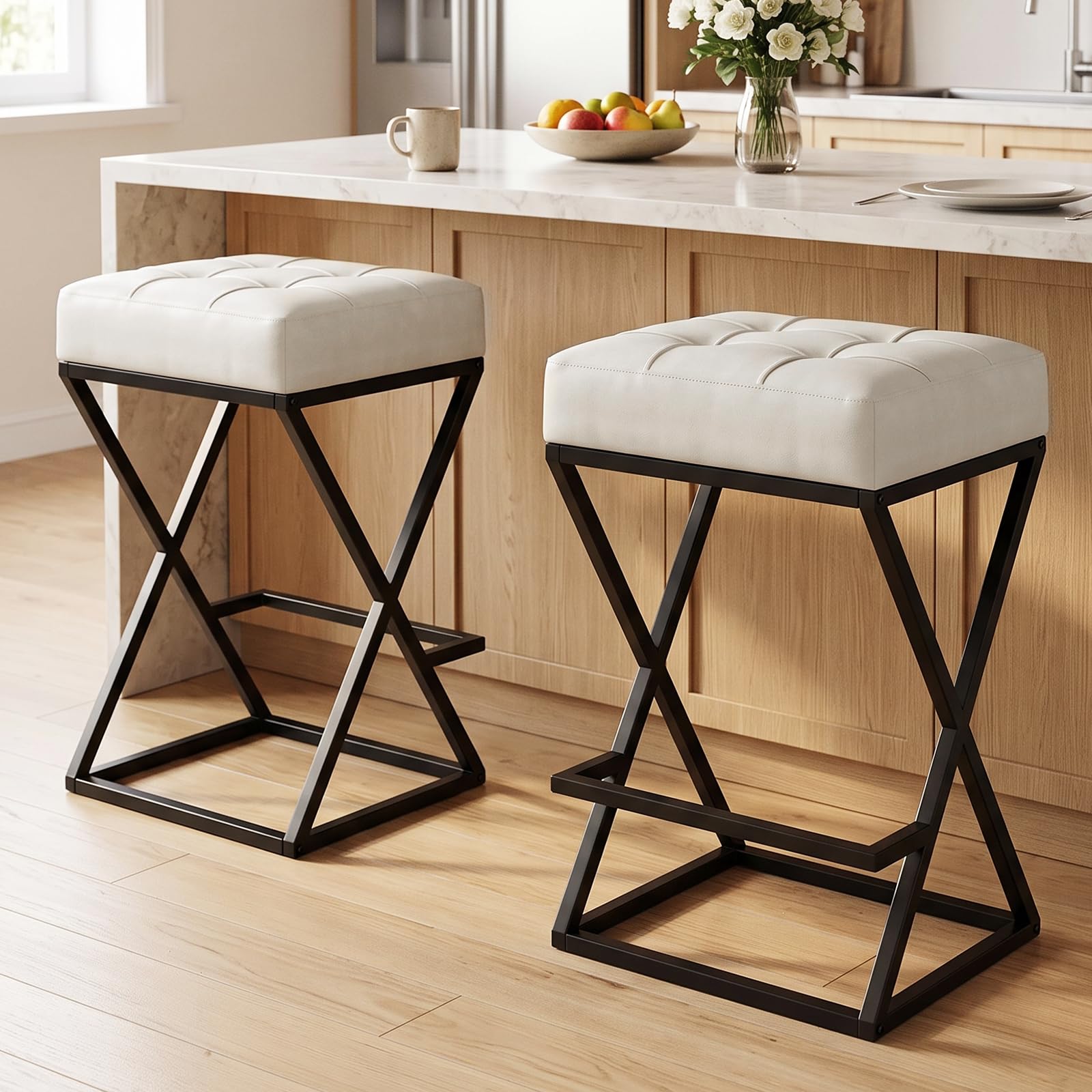 VATROS Bar Stools Set of 2, 26 Inch Counter Height Faux Leather, Cream White