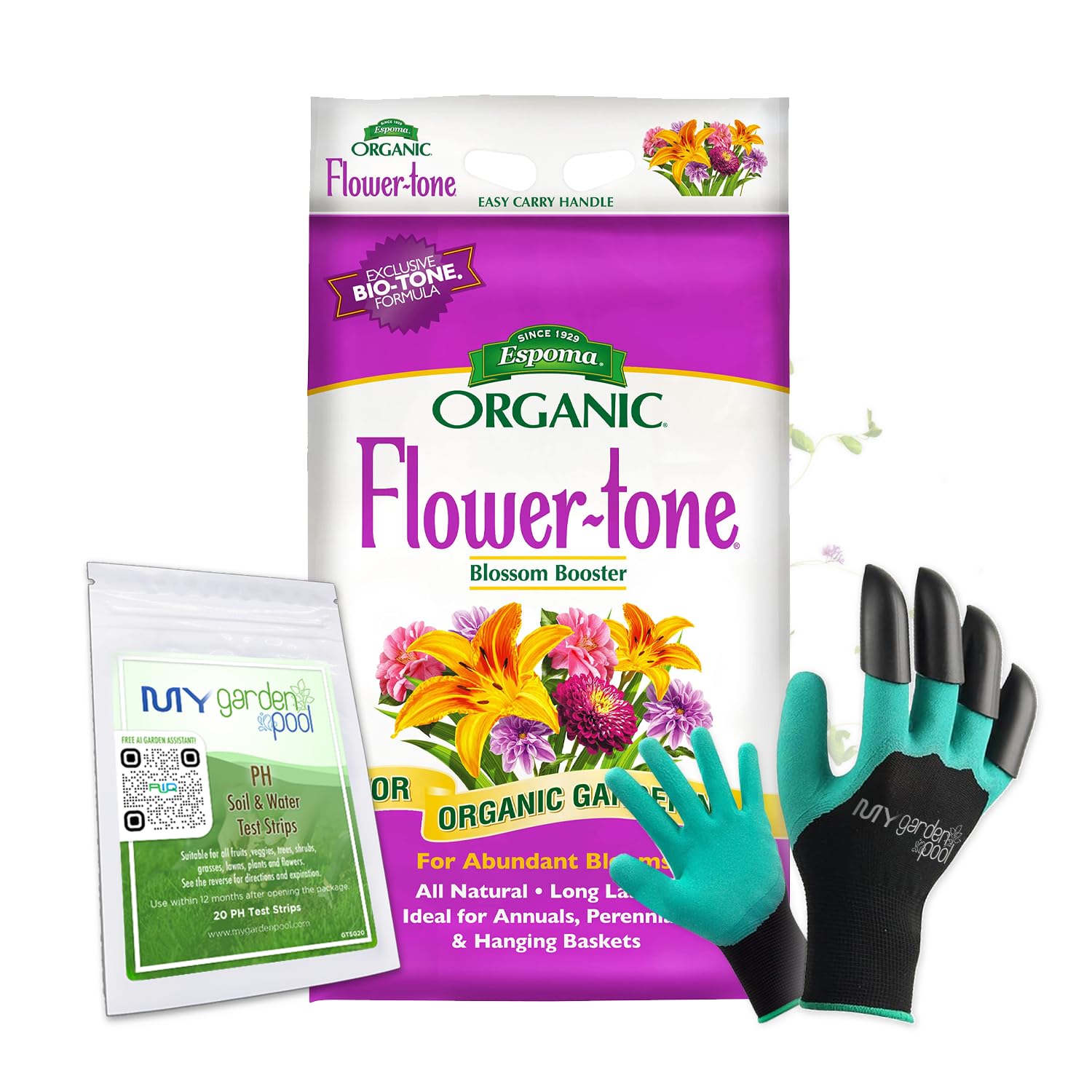 Espoma FT18 Organic Flower-Tone 3-4-5; 18 lb. Bag with PH Soil Test Strips 20 ct, and Superior Gardening Claw Gloves and Garden-IQ, Smart Gardening AI Assistant