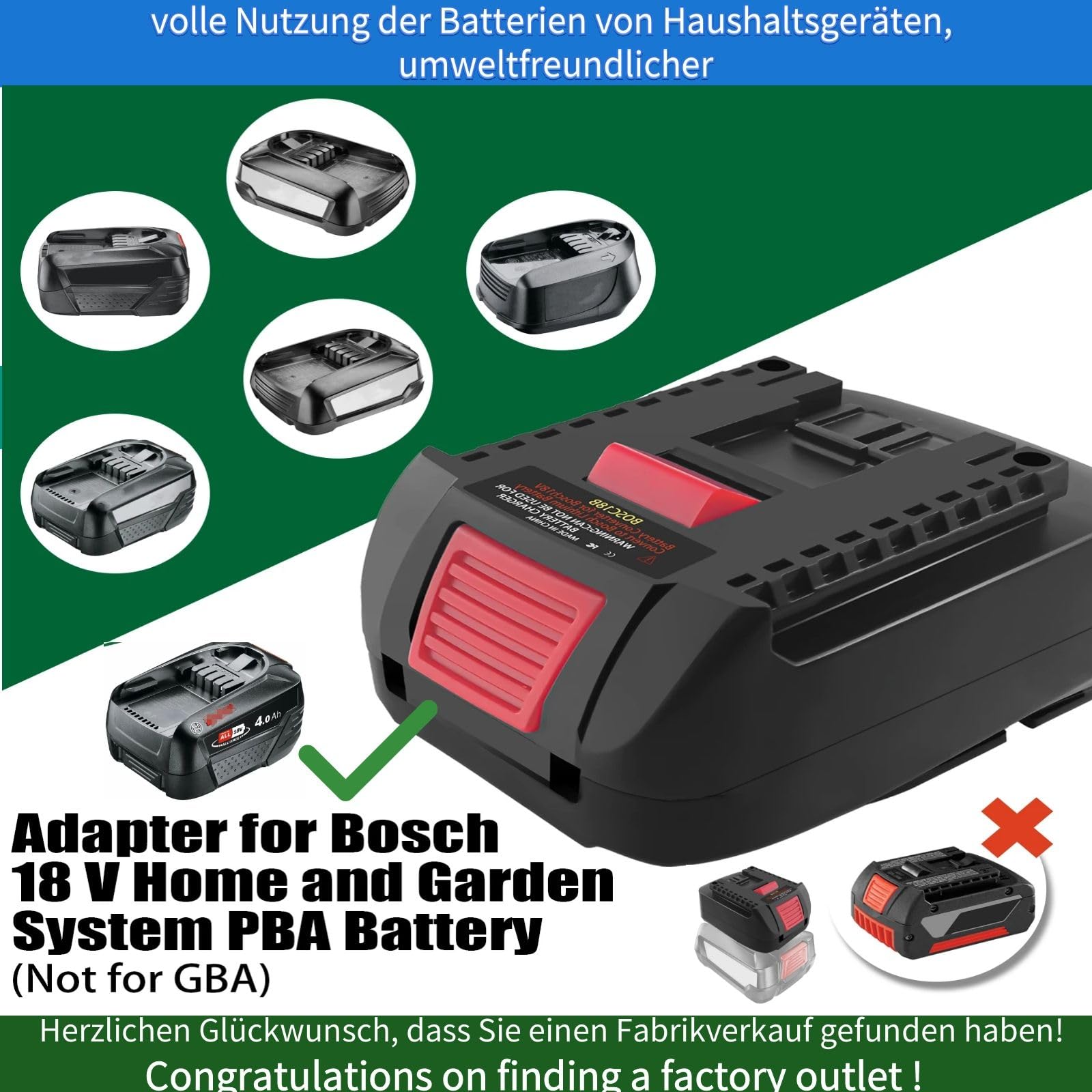Adaptateur de batterie compatible avec Bosch 18 V GBA Convertisseur de batterie portable compatible avec Bosch Garden Series Green Power Tool (modèle BS-C, noir