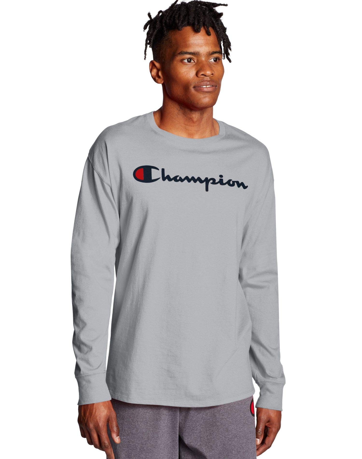 Champion Men's Classic Long Sleeve Tee, Black Split Script, Small