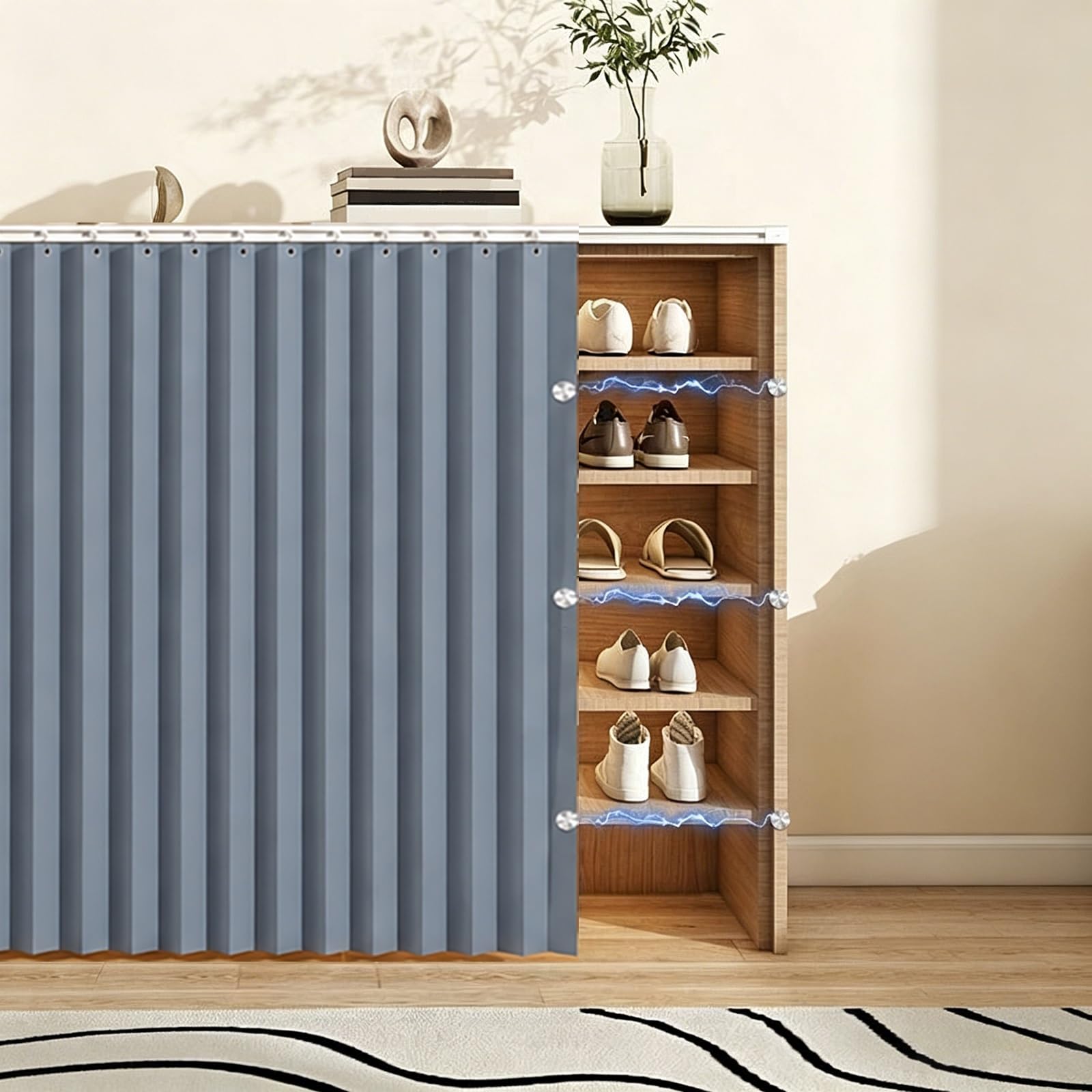 Rideaux pour placards de cuisine pliants bleus 140x200cm avec rails coulissants