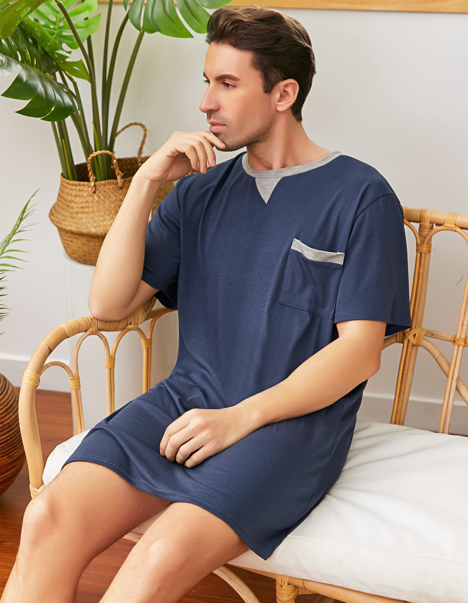 Chemise de Nuit Homme Coton Pyjama Manches Courtes Hauts de Pyjama Homme Tee-Shirt Long Col Rond avec Boutons Vêtements d'Intérieur T-Shirt Grande Taille Douce Confortable
