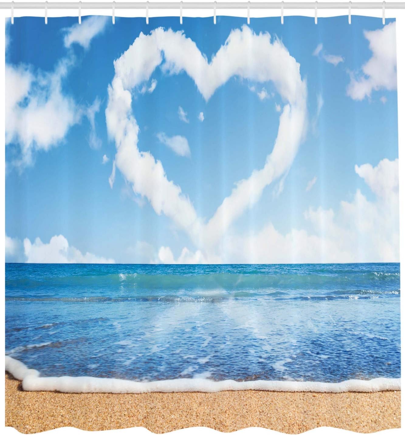 Ambesonne Valentines Day Shower Curtain, Clouds in Clear Blue Sky Forming a Heart Shape Romantic Beach, Cloth Fabric Bathroom Decor Set with Hooks, 69" W x 75" L, Blue White Sand Brown