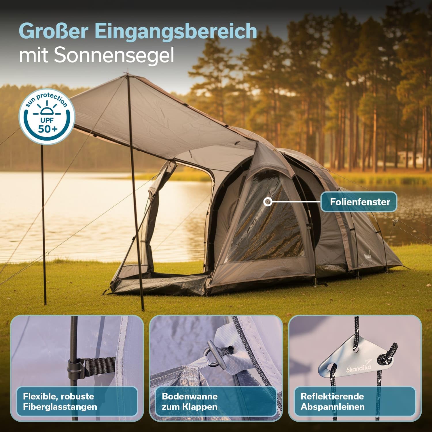 Skandika Tunnelzelt Helgver Sleeper | Festival Zelt für 3-4 Personen, großer Vorraum, Sleeper Technology, wasserdicht, 3000 mm Wassersäule, Schwarze Schlafkabine | Zelt Festival, Camping