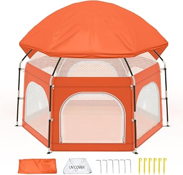 Baby Playpen with Canopy, Portable Outdoor & Indoor Baby Beach Tent for Babies and Toddlers, Foldable Play Yard with Mosquito Net, Travel Play Yard Includes Sand Stakes & Carry Bag