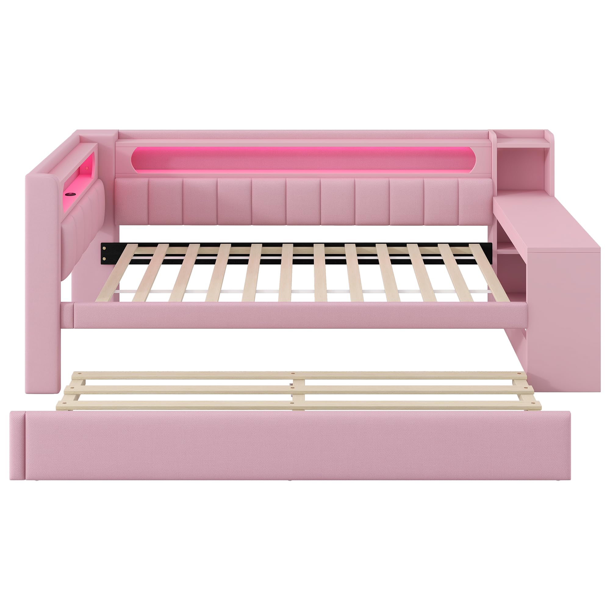 Merax Kinderbett 90x200 cm Einzelbett mit gepolstertem Kopfteil, LED-Ablagefach, Multifunktionsbett mit Schreibtisch, USB-Steckdose und Ausziehbett, Holzbett mit Lattenrost (Ohne Matratze), Rosa