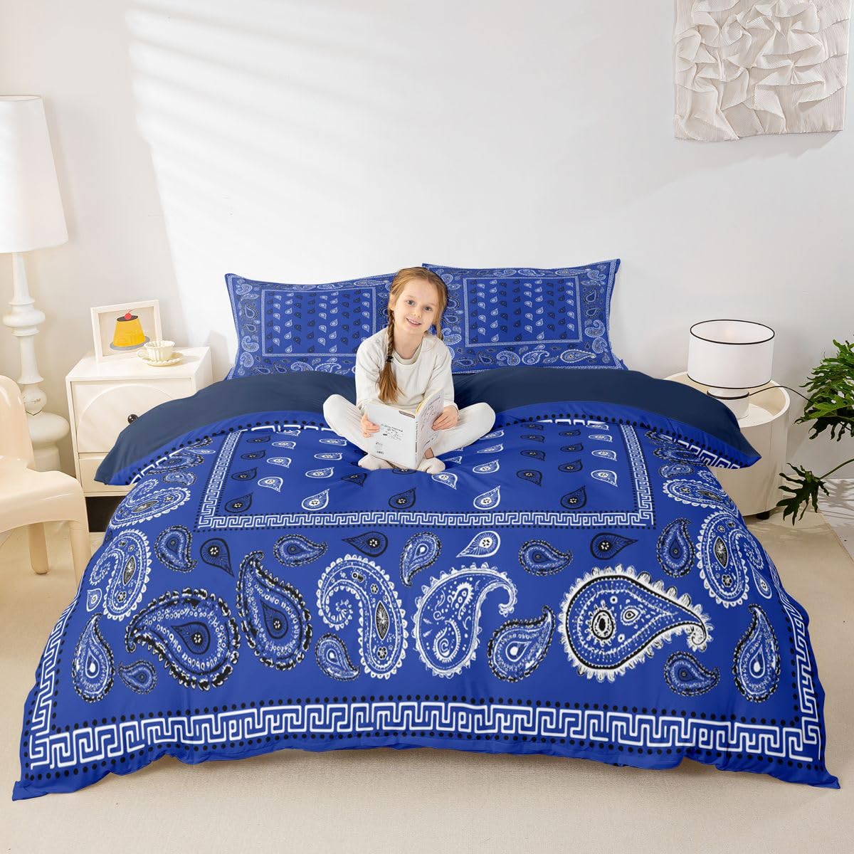 Housse de couette bandana bleu roi avec une taie d'oreiller motif cachemire pour lit enfant