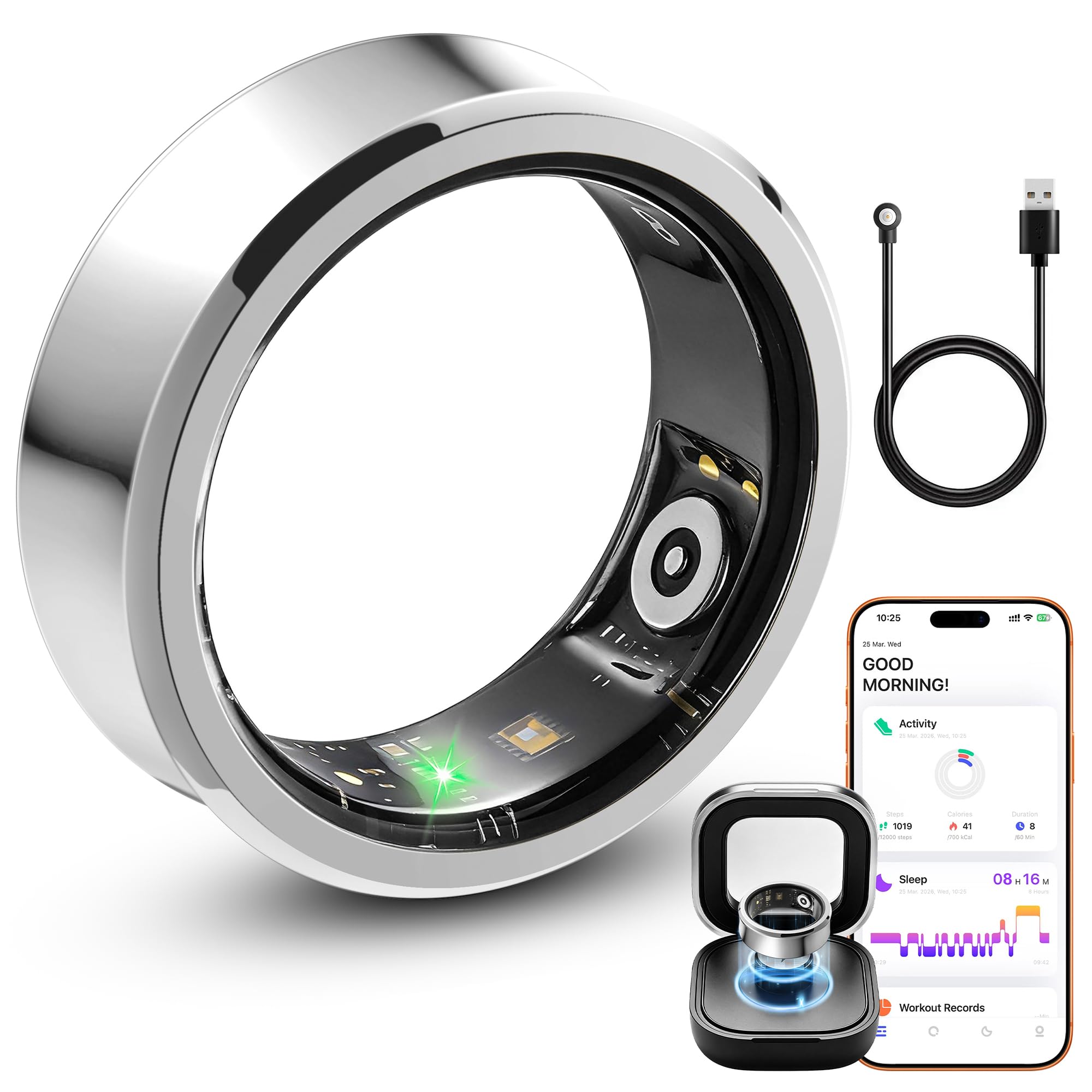 Ankink Bague intelligente pour homme et femme, étanche IP68, pas de frais | Moniteur de fréquence cardiaque 24h/24, 7j/7, rappel de stress et de cycle, SpO2, suivi du sommeil, pour Android et iOS