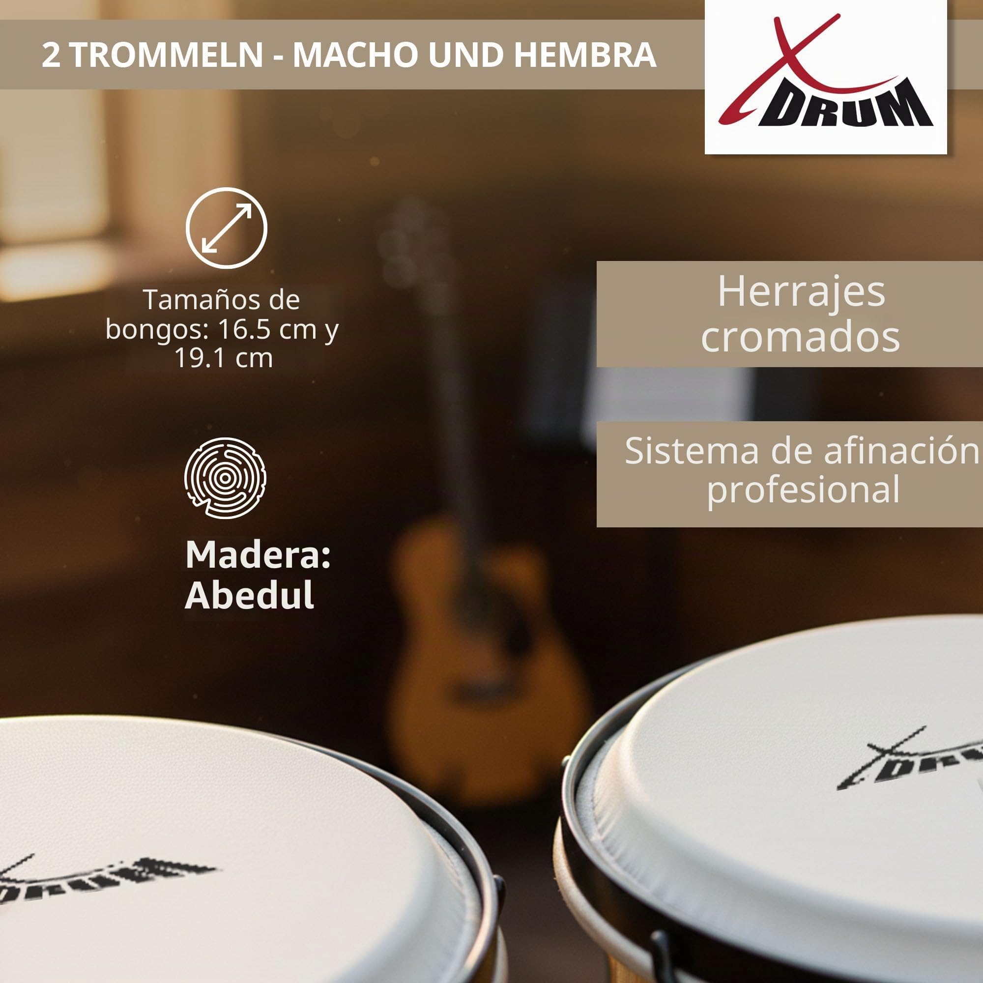 XDrum Bongos Pro Natur - 2 tambores con diámetros de 6,5" (17 cm) y 7,5" (20 cm) - Bongos con parches naturales afinables, llave de afinación y bolsa - Tambores de madera en color natural