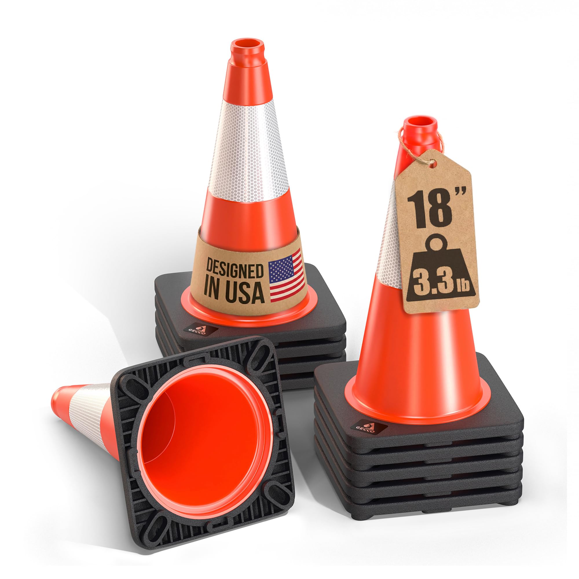 (10 Pack) 18 Inch 3.3 Lb Small Orange Traffic Cones Set | Safety Cones, Orange Cones, Parking Cones, Construction Cones, Road Cones | PVC Plastic & Black Base - [PRO Series]