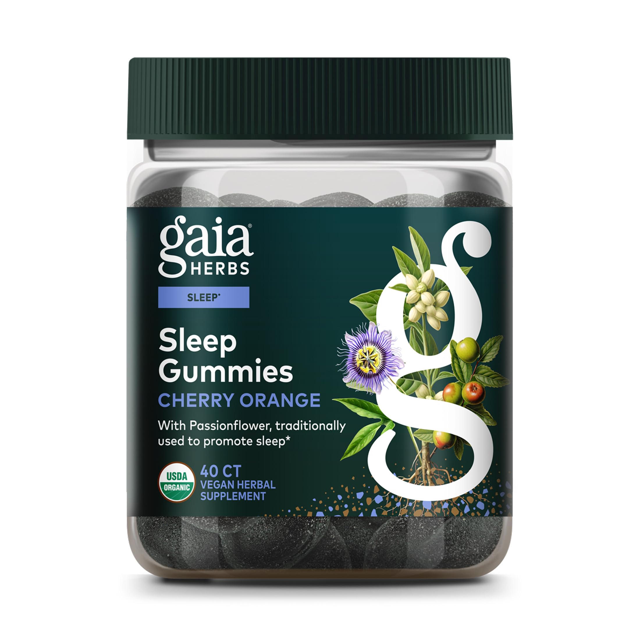 Gaia Herbs Organic Sleep Gummies, Sleep Support, Ashwagandha, Organic Reishi Mushroom, Passionflower, USDA Certified Organic, Non-GMO, Gluten Free, Vegan, 40 Count