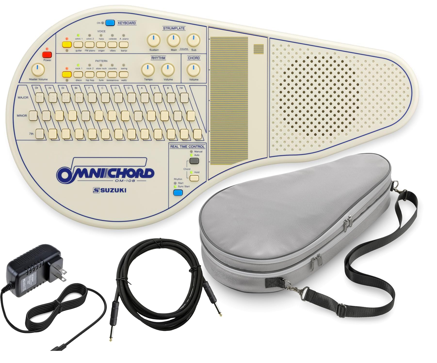 Suzuki Omnichord Electronic Musical Instrument OM-108 Digital Chorded Zither Synthesizer Instant Accompaniment with Case Power Supply Cable