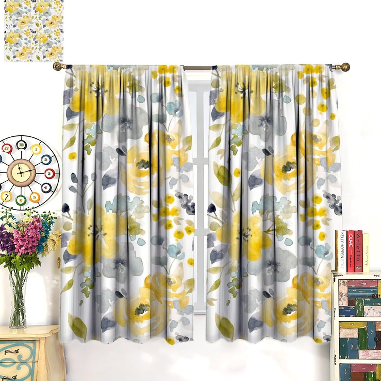 Summer Flower Curtains, Watercolor Bright Yellow Blue Flowers Abstract Botanical Print Window Treatments for Living Room Kitchen Bedroom Cafe, 42x54 Inch (No Blackout)