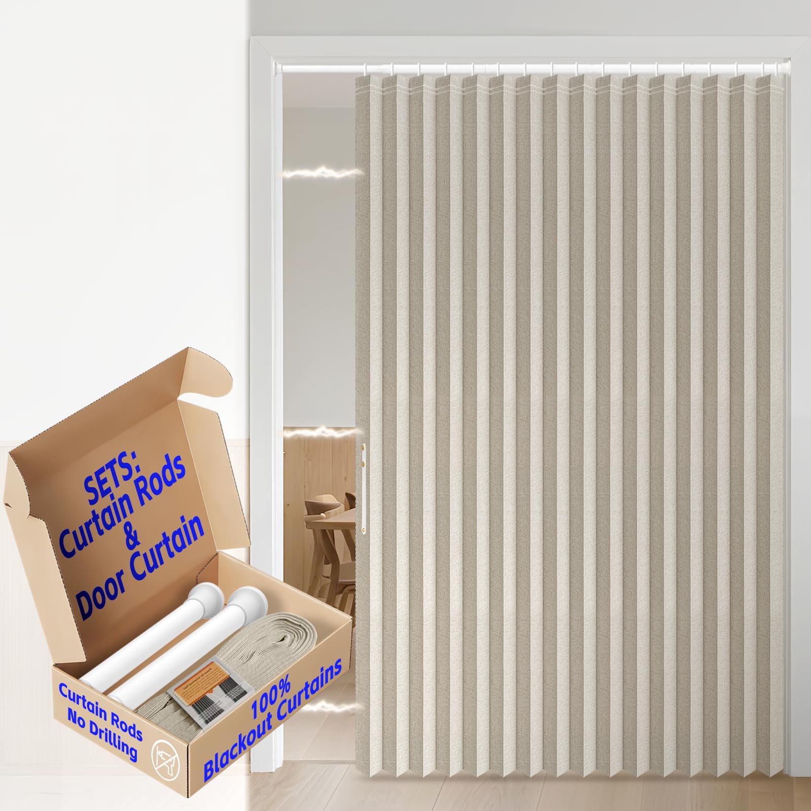 AJAZZ Blackout Accordion Door Curtains with Curtain Rods Adjustable 28-63" Long for Door Window Curtains Magnetic Door Curtain for Bedroom, Doorway Curtain Sets (1 Pack, 72 W x 78 L, Cream White)