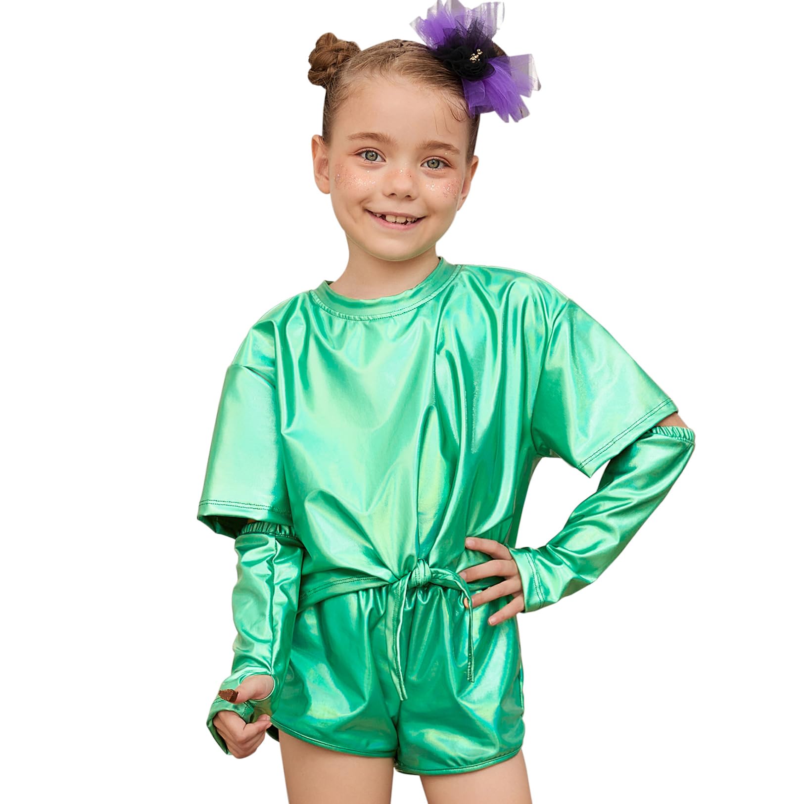 Perfashion Girls Metallic Shirts Shiny Tie Front Knot Crop Top with Arm Sleeves for Dancing Raves Festivals 4-15 Years