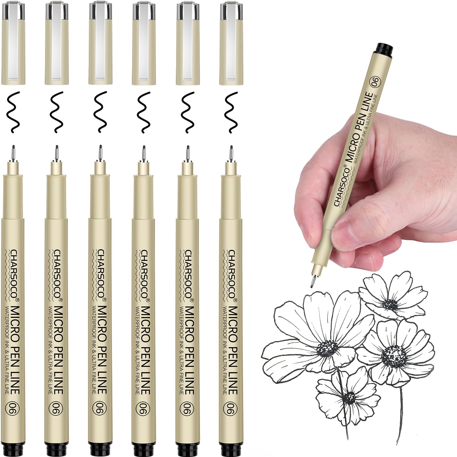 CHARSOCO 06 Micro Pen, Black Fine Point Pen with Waterproof Archival Ink, 0.5mm Fineliner Ink Pens for Artist Illustration, Sketching, Anime, Manga,