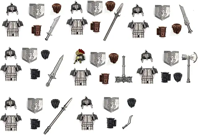 Zwergen-Ritter LEGO-Figuren mit Rüstungen, Helmen und Waffen