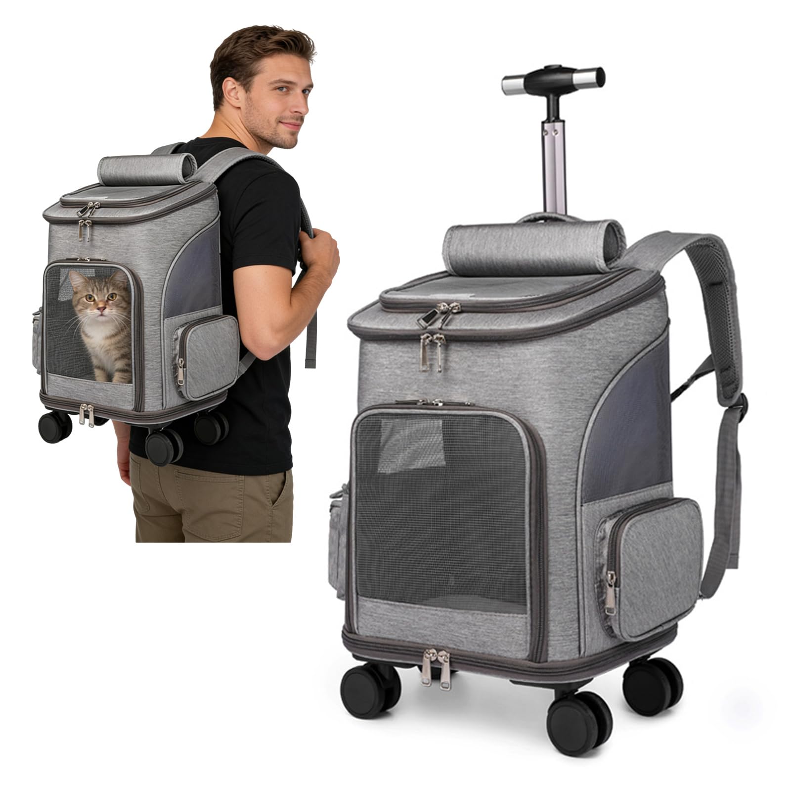 PETCUTE Cat Carrier Backpack with Wheels, 3-in-1 Pet Carrier Backpack with Removable Mat,Foldable Pet Travel Stroller with Breathable Mesh,Collapsible Dog Travel Bag for Small & Medium Pets,Light Grey