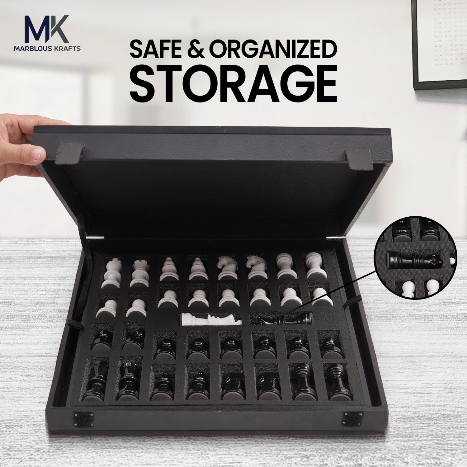 Marblouskrafts Marble Chess Set 15 Inch Black & White Luxury Board Game for Adults, 32 Metallic Chess Pieces, 2 Extra Queens & Storage Box, Handcrafted Gift for Chess Lovers & Home Decor