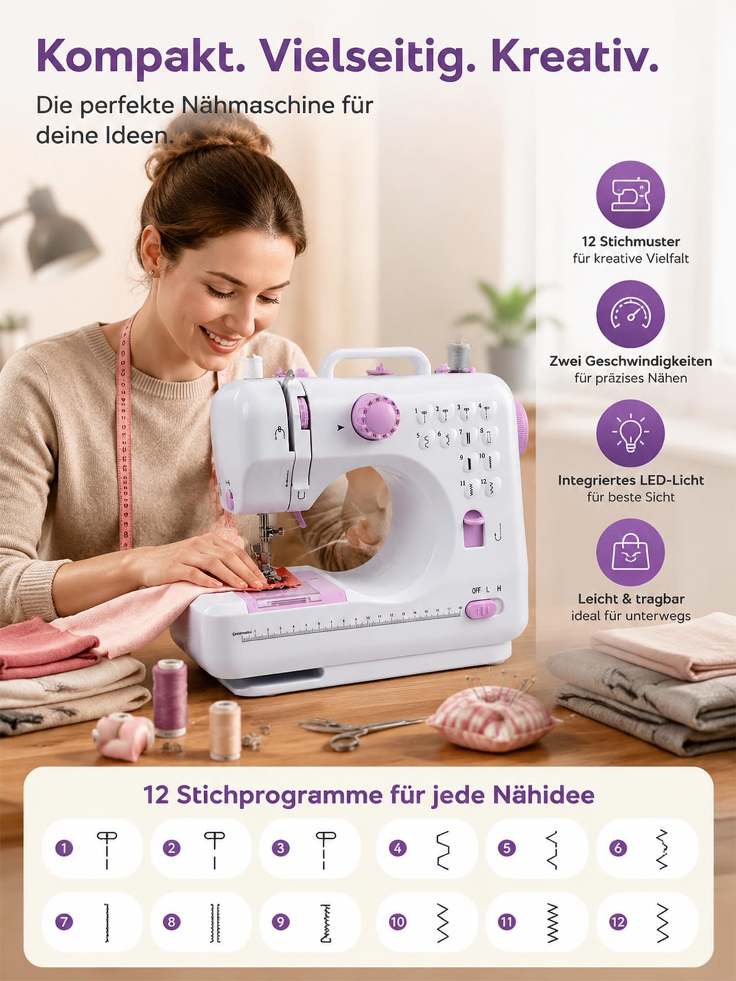 BRICH Elektrische Nähmaschine, Kompakte Mini Nähmaschine für Anfänger | 12 Stichprogramme & 42-tlg. Zubehör Set. Ideal für Hosen kürzen, Stoffe bis 5mm & Jeans. Tragbar mit Batterie oder Netzteil.