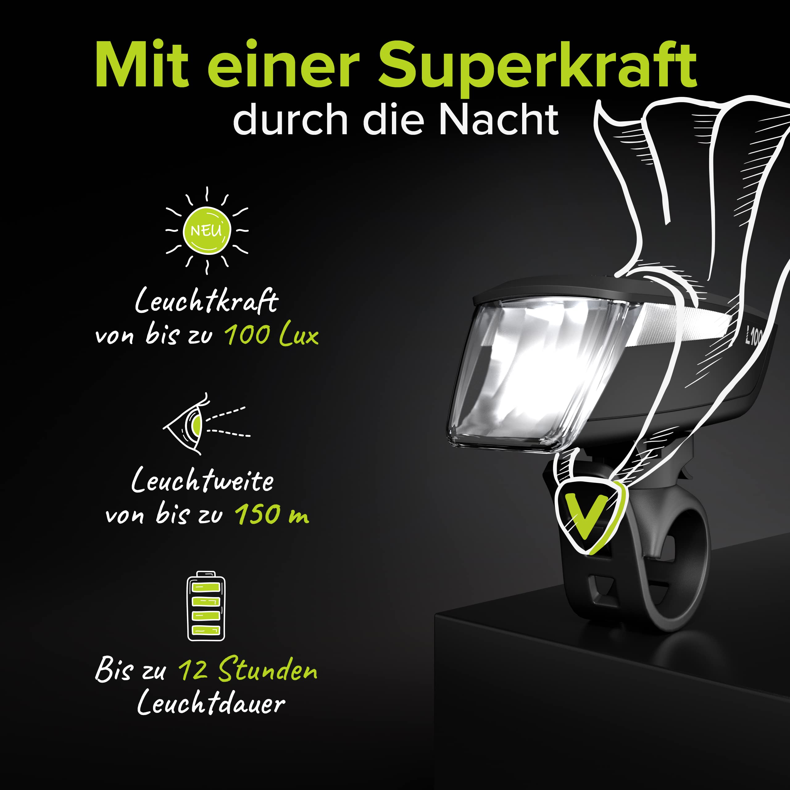 VELMIA Luce anteriore per bicicletta omologata StVZO con illuminazione particolarmente forte e durata 8,5 ore, luce LED per bicicletta, resistente alla pioggia e ricaricabile, luce anteriore per