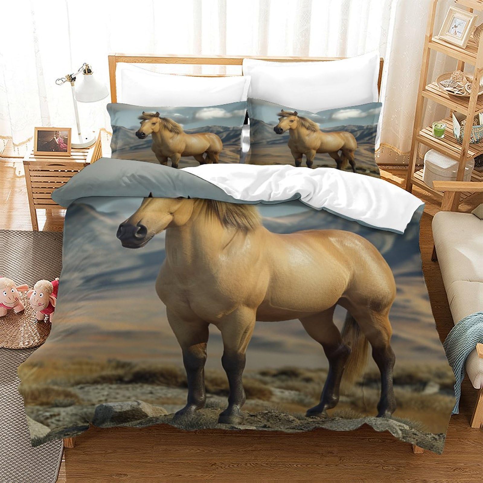 P1S9U7W5Y 3D Printed Realistic Horse Landscape 3pcs Microfiber Horse Pattern Duvet Cover Bedding Set Single（140x200cm）