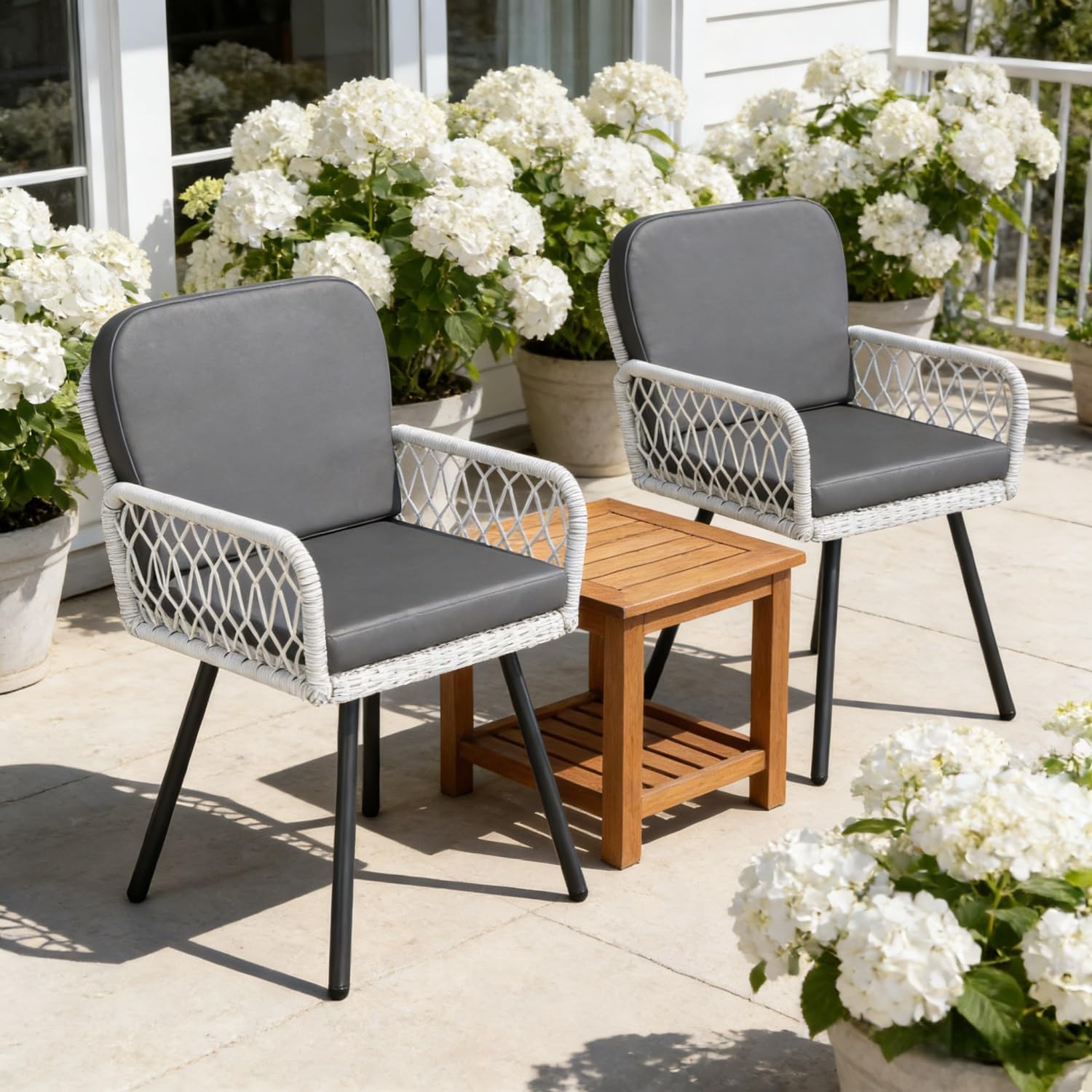 Outdoor Dining Chairs - White Handwoven PE Rattan with Black Metal Frame - 350 Lbs Capacity All-Weather Chairs with Cushions(Set of 4)