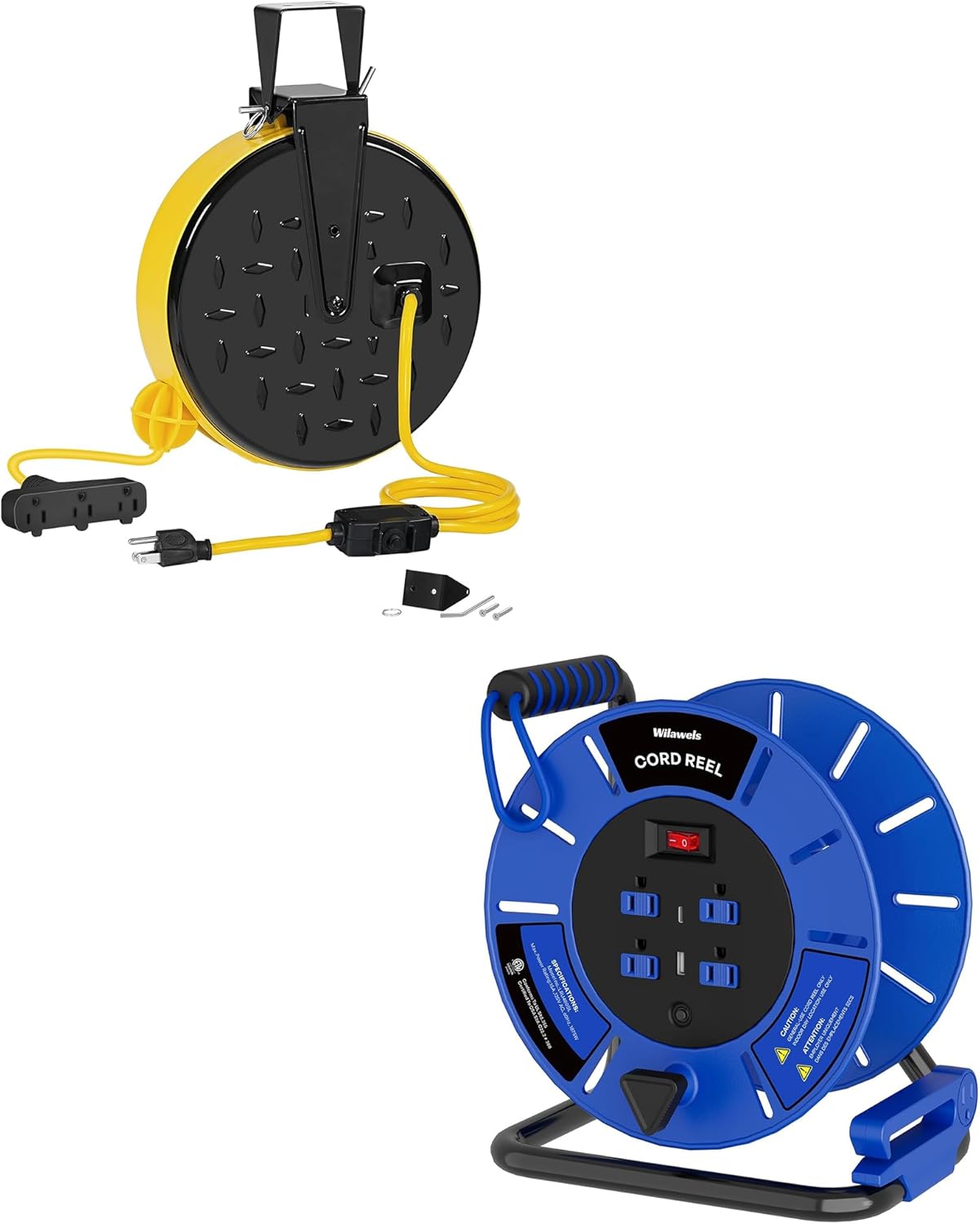 30 Ft Retractable Extension Cord Reel and Extension Cord Storage Reel with 4-Grounded Outlet & 2 USB Port Bundle, for Garage and Shop Y30CR06-U85CR06