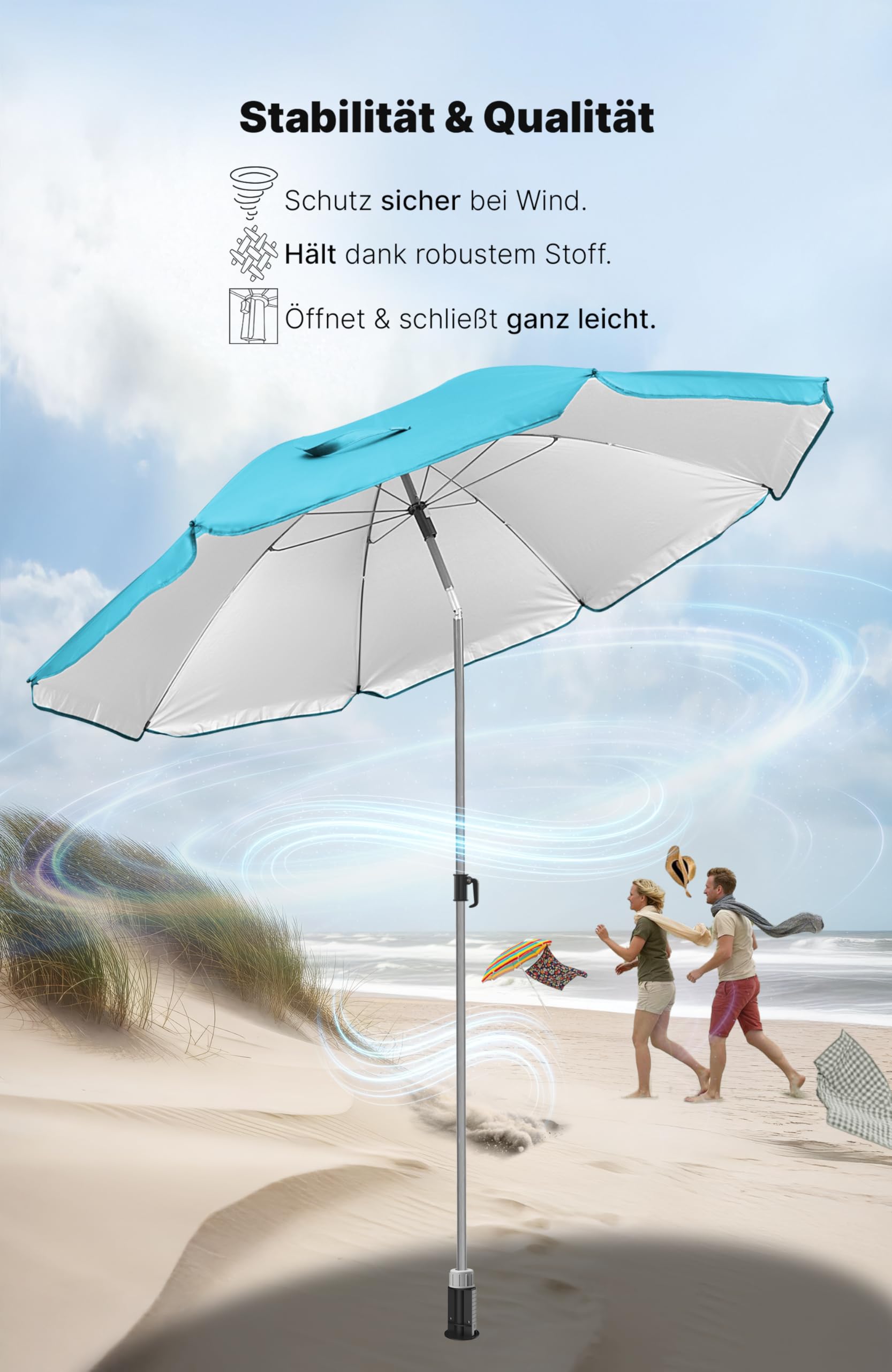 4smile Sonnenschirm Strand Ø 180 cm SunnyJoy, Türkis - UPF 50+ Strandschirm, sicherer Sonnenschutz Strand, Strandschirm windfest stabil - Sonnenschirm mit Schutzhülle