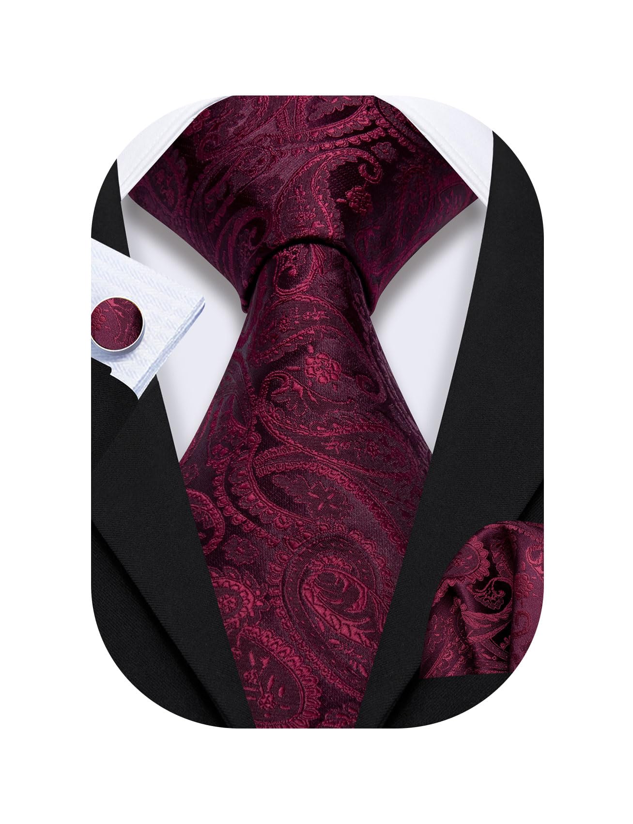 Barry.Wang Men Tie Sets Paisley Silk Necktie Pocket Square Cufflinks