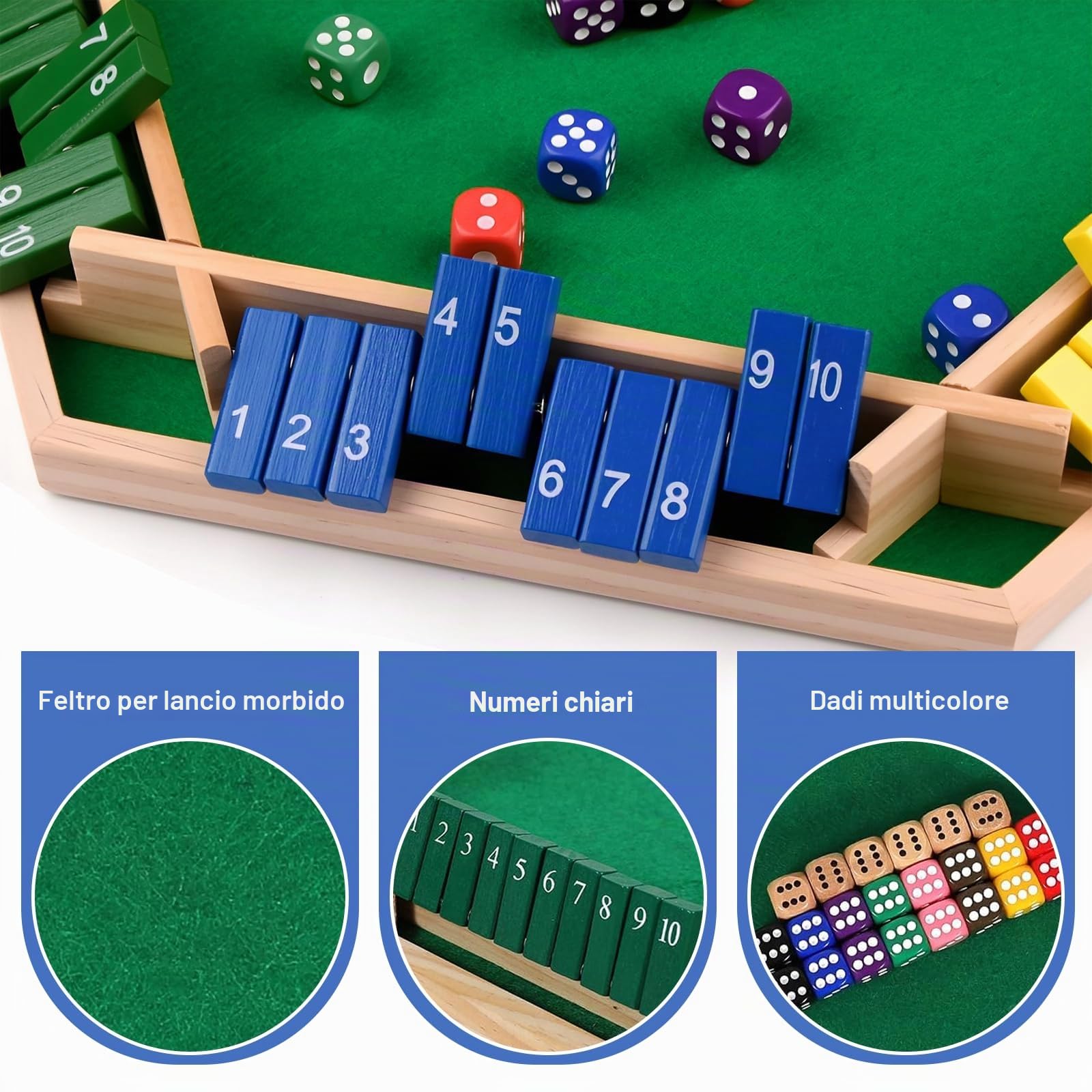 Shut The Box, Giochi di Societa, Gioco di Dadi, Giochi In Legno, per Fino a 8 Giocatori, Gioco Da Tavolo Classico In Legno Con Numeri, per Serate In Famiglia, Feste e Pub