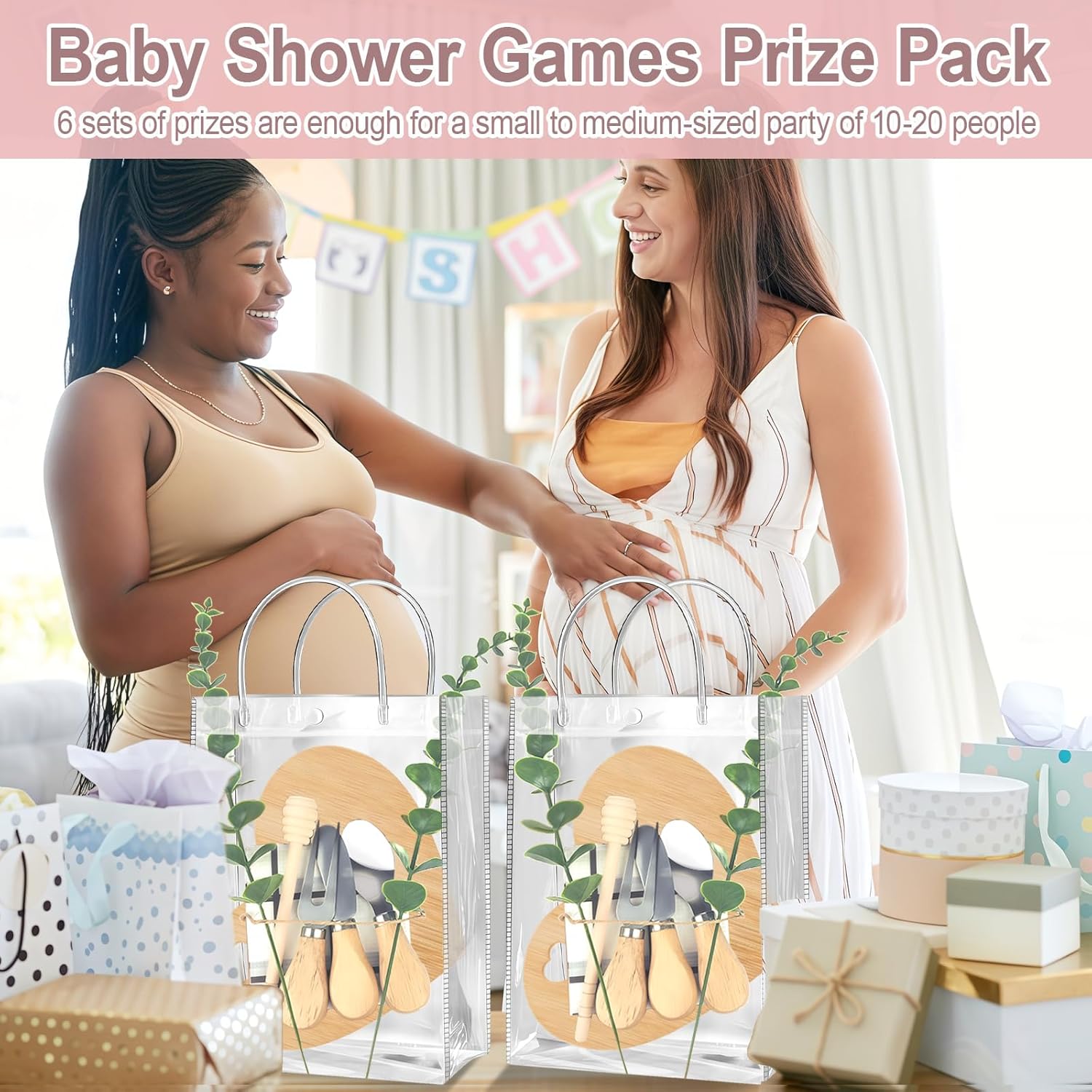 62 Pcs/6 Set Baby Shower Prizes for Game Winners, Heart Bamboo Cheese Board Gift for Guest with Knives Fork Spoon, Honey Sticks, Tablecloth, Eucalyptus Stem, Gift Bag, Bridal Shower Party Favors