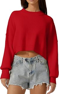 QINSEN Women's Mock Neck Cropped Sweater Long Sleeve Drop Shouler Oversized Knit Pullover Tops